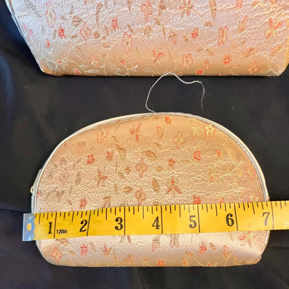 New VTG Silk Brocade Floral Cosmetic Bag Set 5 Nesting Makeup Travel Pouch Gold